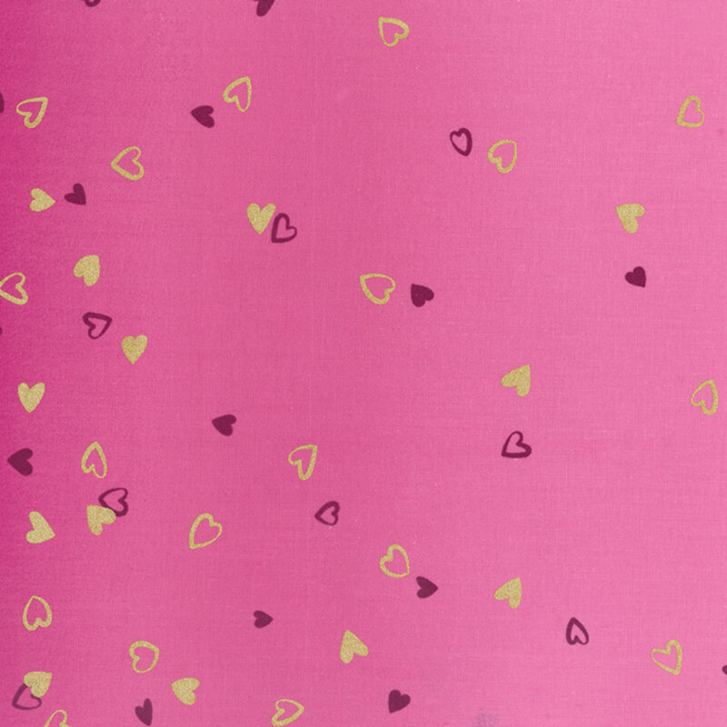dark pink fabric featuring an ombre design with small metallic and dark purple hearts
