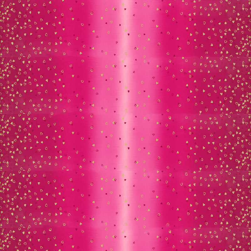 Hot pink fabric featuring an ombre design with small metallic and dark magenta hearts