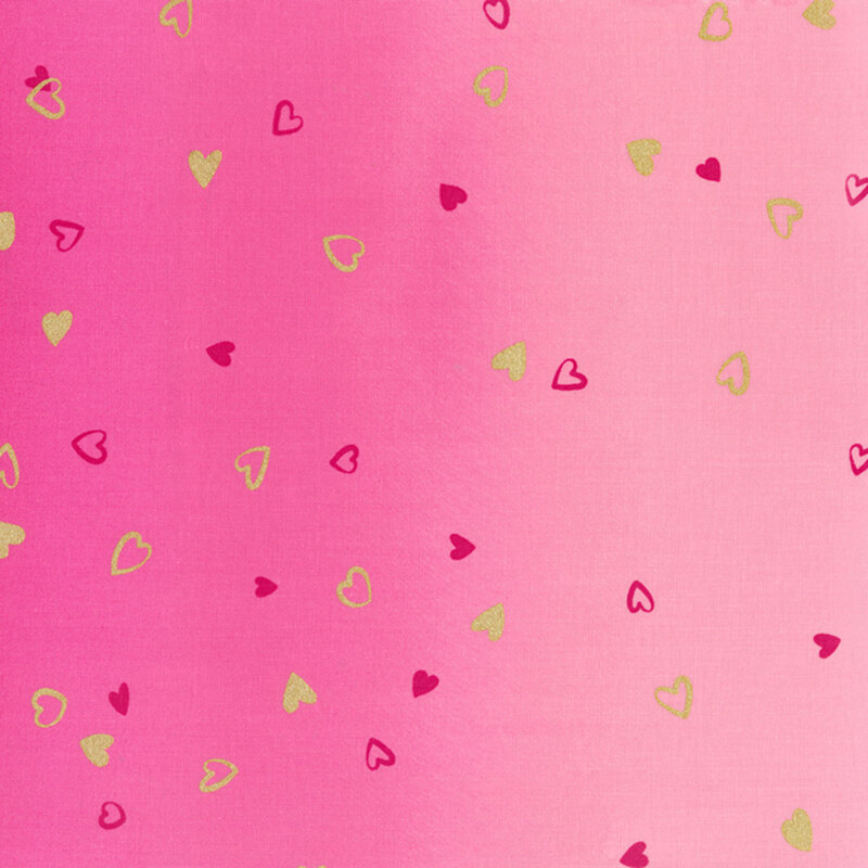 Fuchsia pink fabric featuring an ombre design with small metallic and magenta hearts