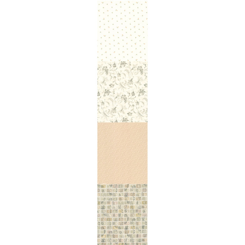 Full selvedge-to-selvedge image of the four patterns making up this fabric, including a ditsy print of tiny orange blossoms on white, a tonal french toile in gray and white, a print of tiny white vines on a camel-color background, and a muted gray, pink, and yellow postage stamp design