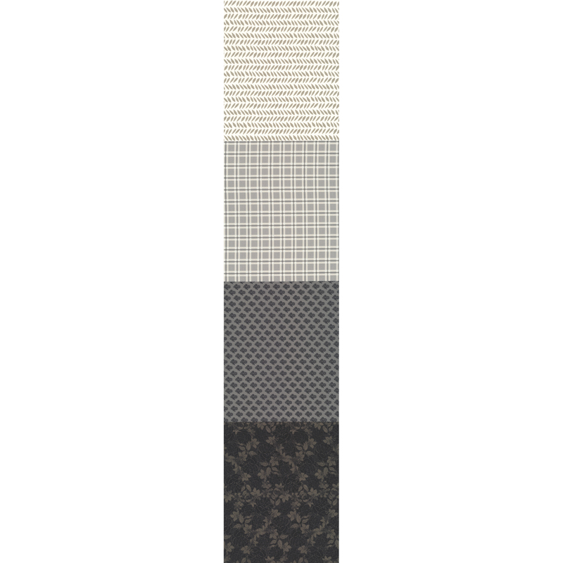 Full selvedge-to-selvedge image of the four patterns making up this fabric, including a striped design of beige and gray leaves on a cream-colored background, a gray and cream-colored plaid, a black on gray calico floral print, and a large floral pattern of black roses on a black background