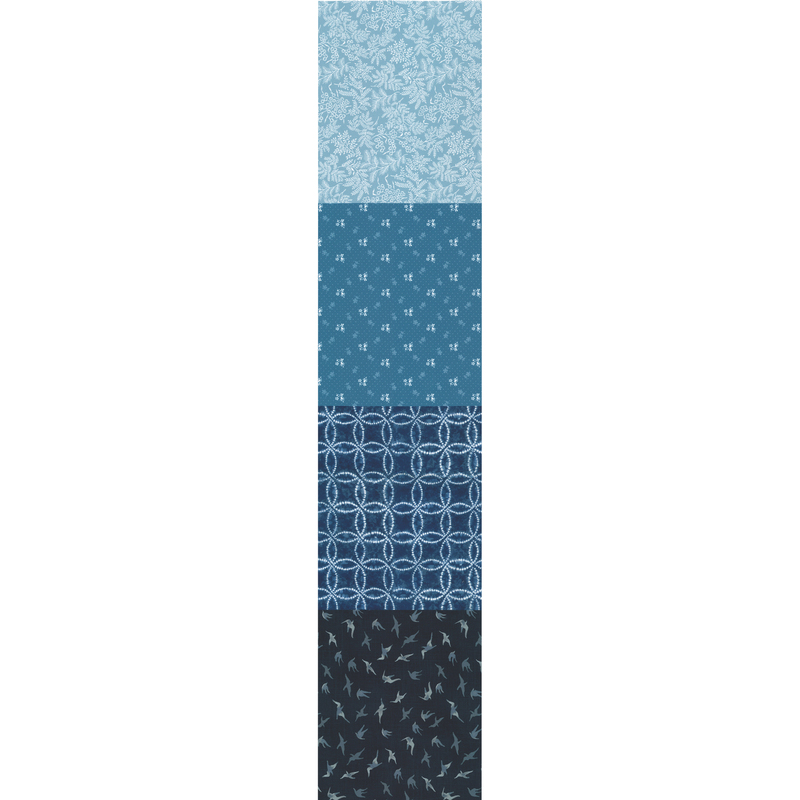 Full selvedge-to-selvedge image of the four patterns making up this fabric, including a light blue foliage print on a french blue background, a ditsy floral and polka dot print on a deeper blue background, a deep mottled blue with white interlocking rings, and a tossed slate seabird print on a navy background