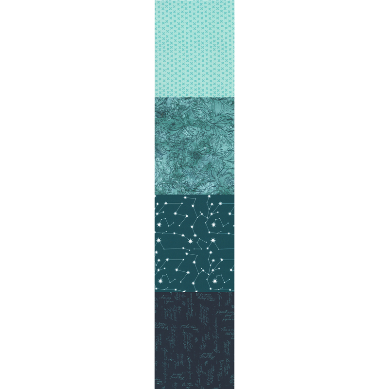 Full selvedge-to-selvedge image of the four patterns making up this fabric, including an aqua criss-cross pattern on a lighter aqua background, a sketchy line art floral print on mottled teal, a deep teal with white constellations, and teal hymnal phrases on a navy background
