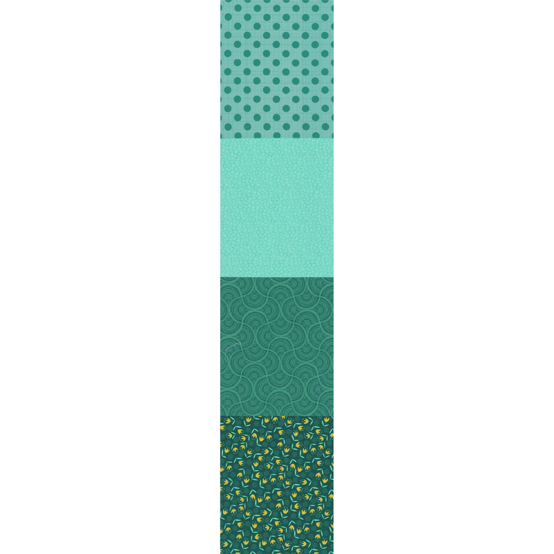 Full selvedge-to-selvedge image of the four patterns making up this fabric, including a teal polka dot pattern on an aqua background, a tiny aqua calico floral print, a deep teal with a geometric fan print, and teal polka dots with yellow flowers on a navy background