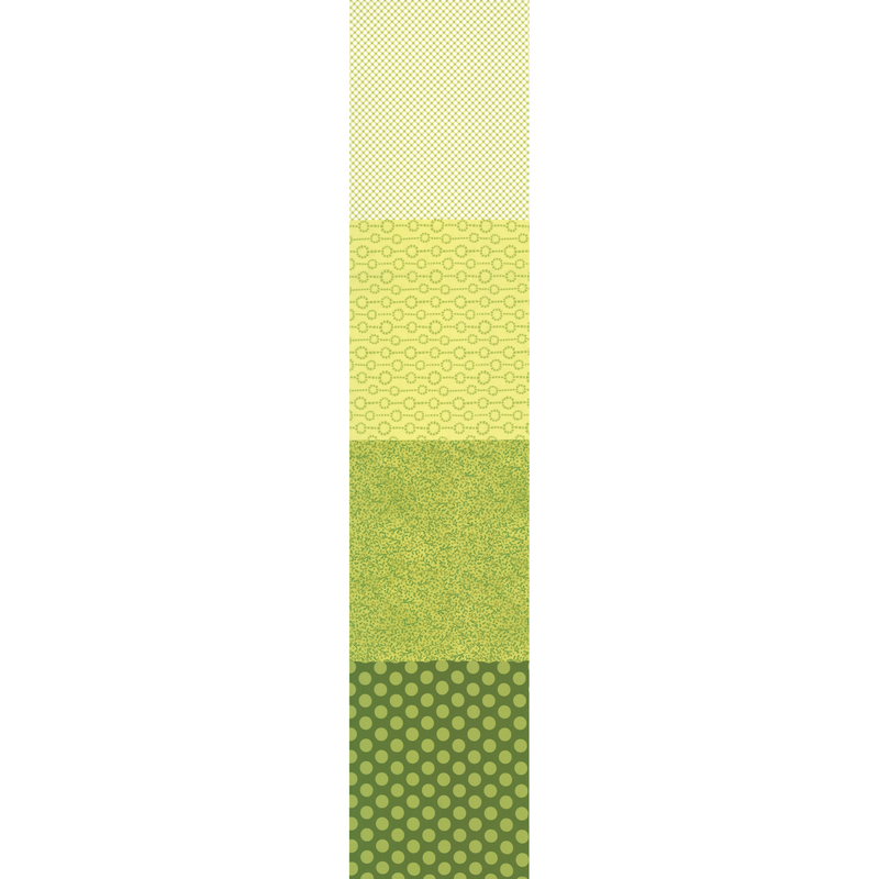 Full selvedge-to-selvedge image of the four patterns making up this fabric, including a tiny lemon and green gingham, a blocky green chain pattern on yellow, a packed green leaf print on a mottled yellow and green background, and large green polka dots on a moss green background