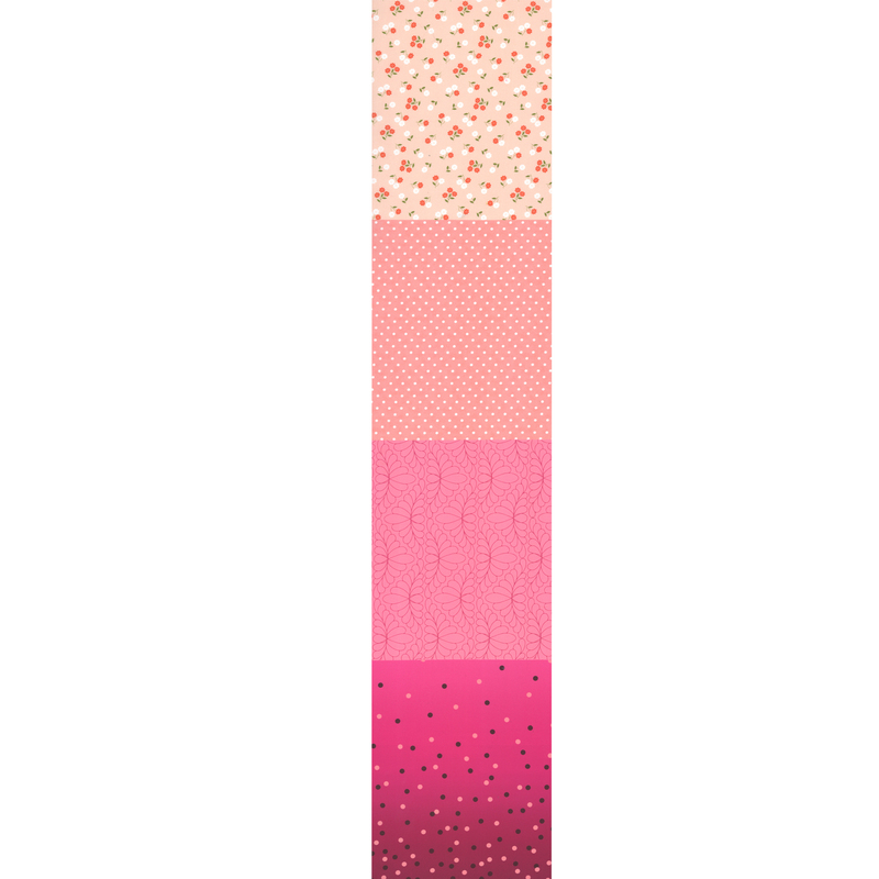 Full selvedge-to-selvedge image of the four patterns making up this fabric, including a ditsy red and white floral print on a light pink background, a small white on pink polka dot design, a simple lined filigree design on pink, and light pink and brown polka dots on an ombre pink background