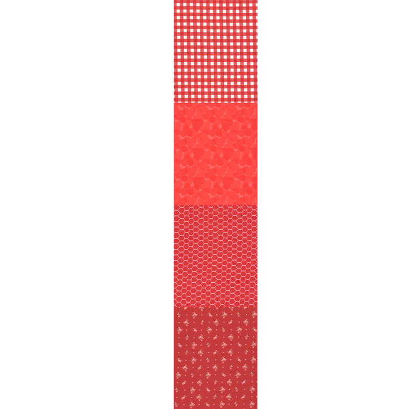 Full selvedge-to-selvedge image of the four patterns making up this fabric, including a classic red and white gingham, a red on red print of overlapping hearts, a white chicken wire pattern on a red background, and a small pink floral and polka dot pattern on a red background