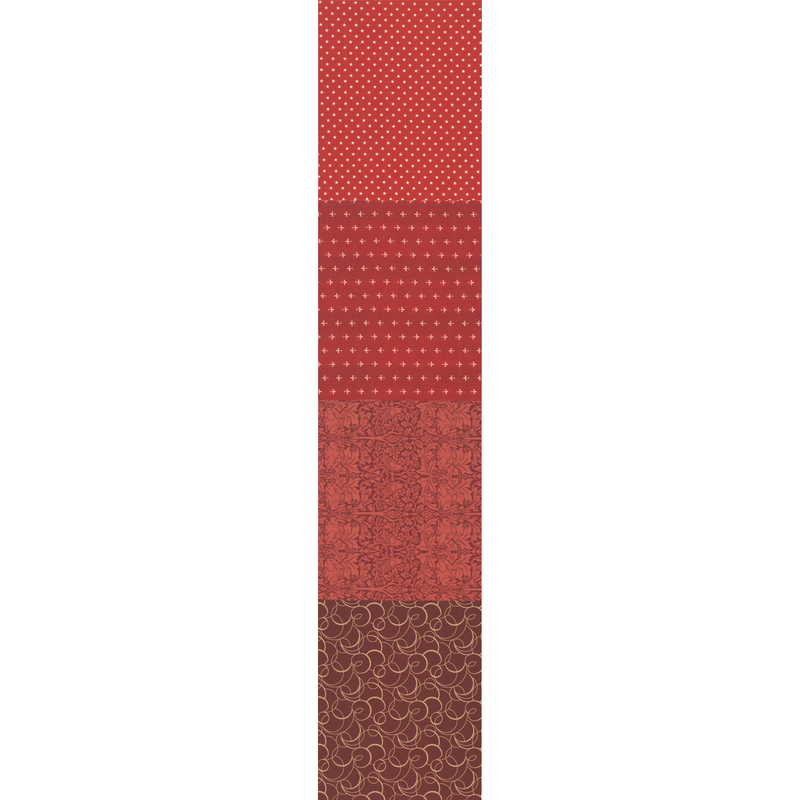 Full selvedge-to-selvedge image of the four patterns making up this fabric, including a small white star pattern on a red background, a mottled red background with tiny cream-colored fleur-de-lis, a tonal red bunny, quail, and filigree foliage tapestry print, and a swirling gold design on a burgundy background