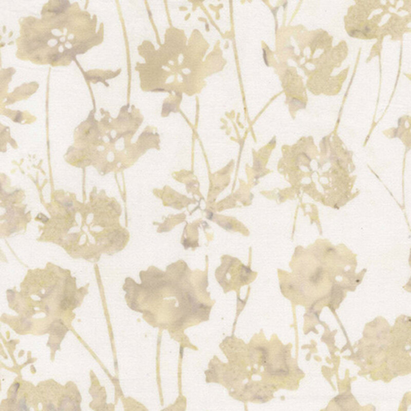 White fabric with cream and beige mottled flowers.