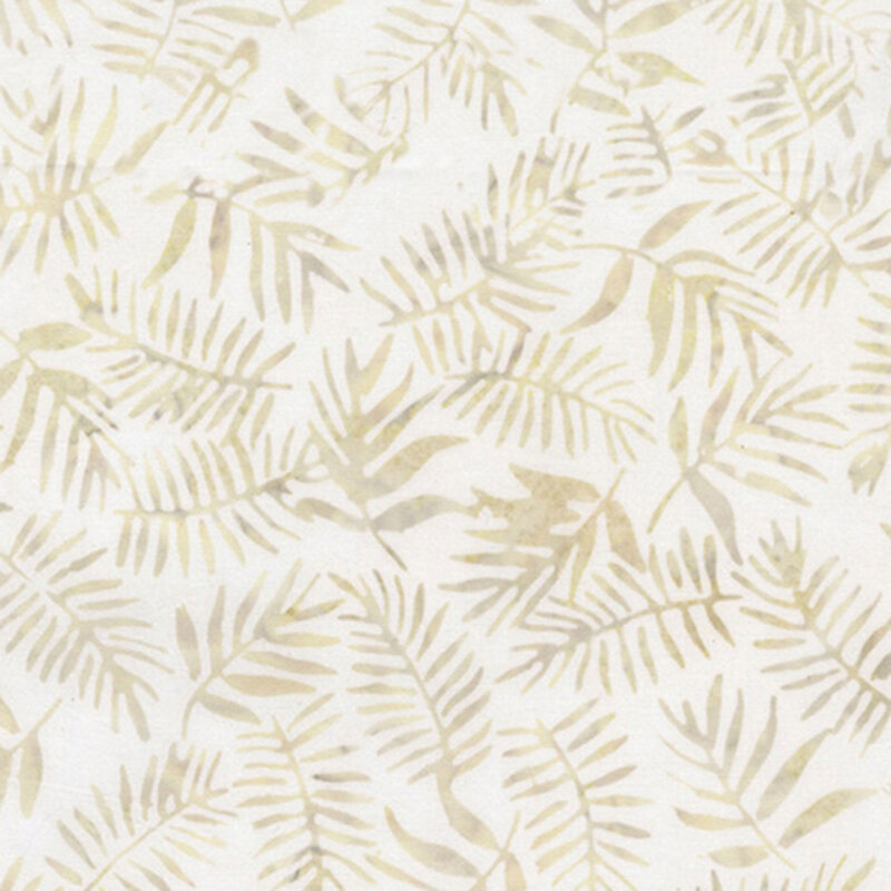 White fabric with cream and beige mottled fern fronds.