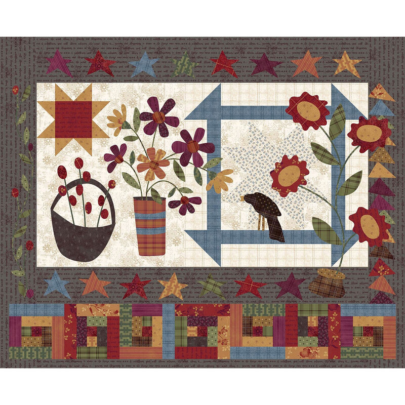 Panel depicting a sunny day with flowers and a crow bordered with various shapes