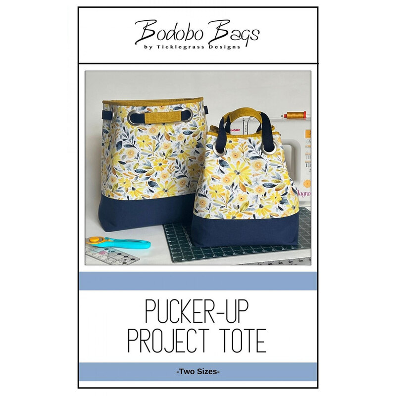 The front cover of the Pucker-Up Project Tote Pattern showing the finished bags