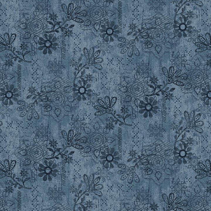 Blue fabric featuring a lovely design of floral elements