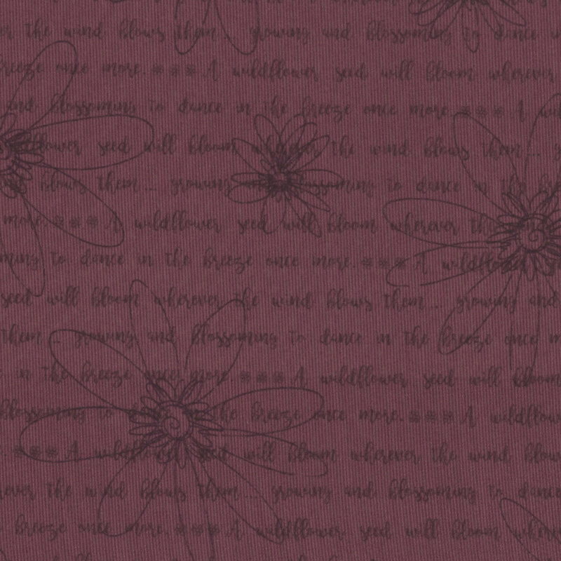 plum fabric featuring a written poem and an outline of daisies