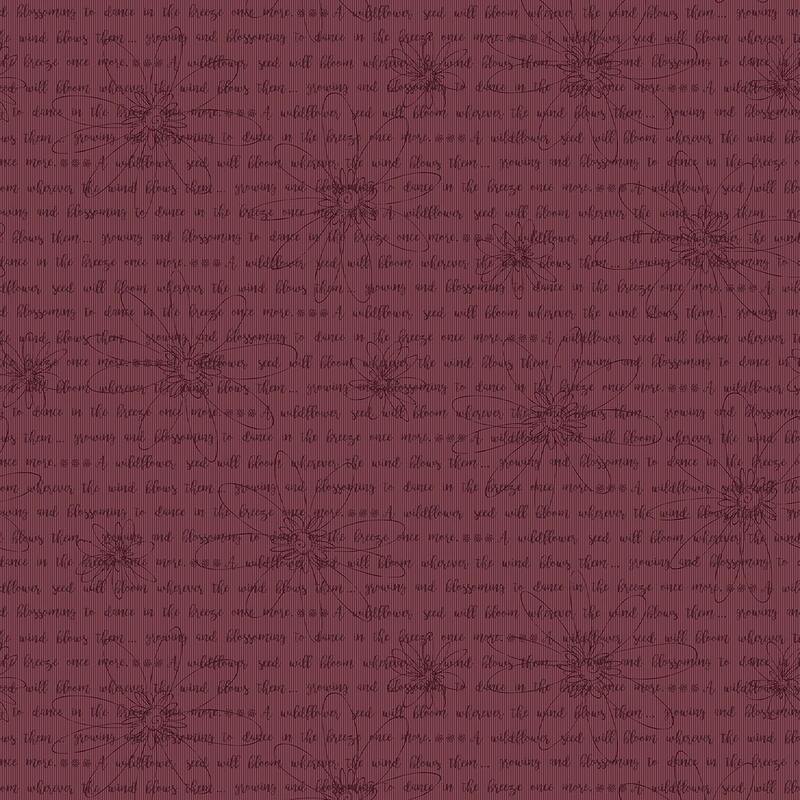 plum fabric featuring a written poem and an outline of daisies