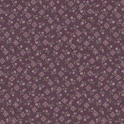 purple fabric featuring scattered diamonds and roses on a wavy grid-like background