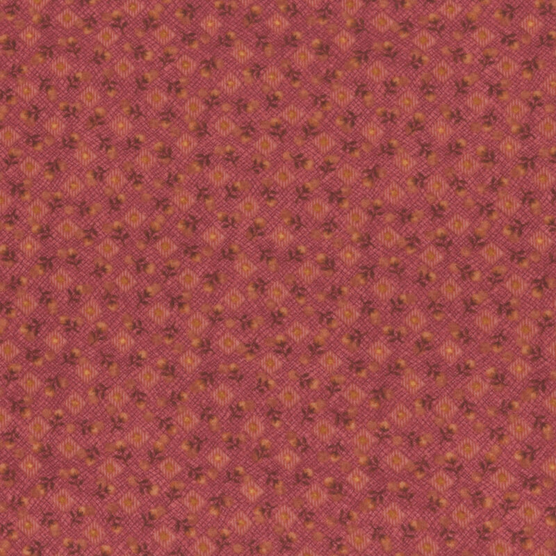 red fabric featuring scattered diamonds and roses on a wavy grid-like background