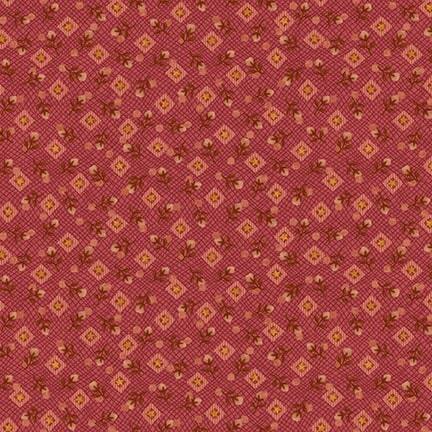 red fabric featuring scattered diamonds and roses on a wavy grid-like background