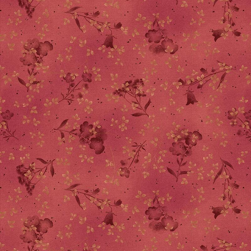 red mottled fabric featuring pressed flowers and leaves