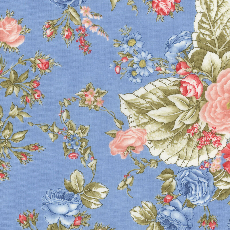 Digital swatch of a light blue fabric with large pink and blue florals.