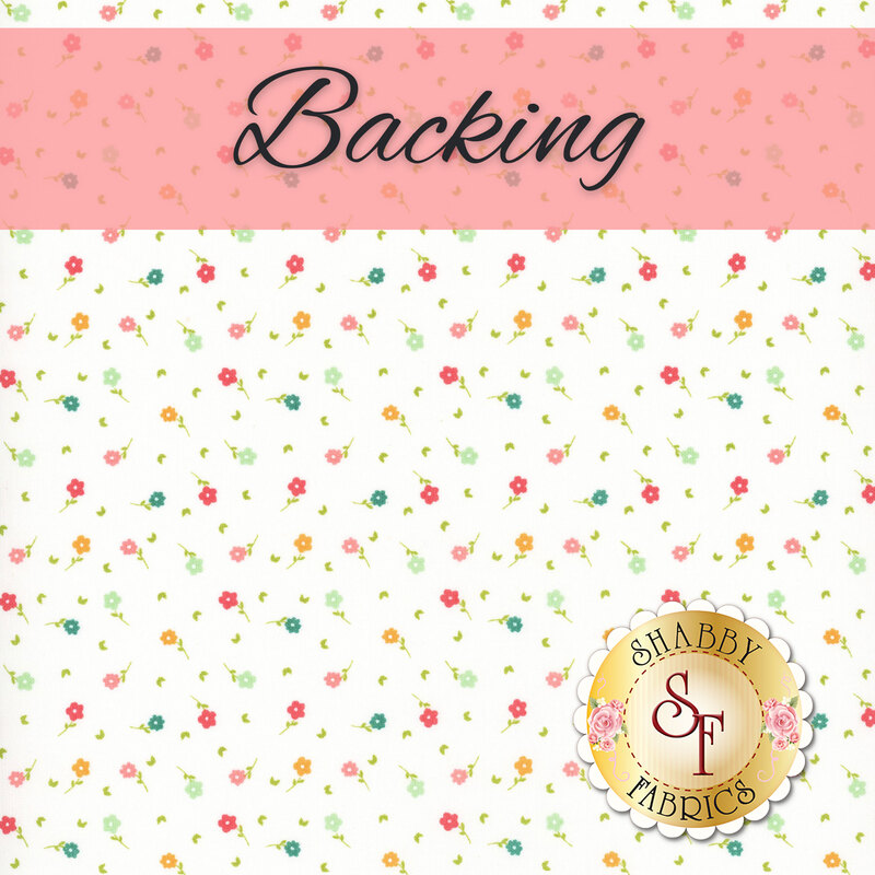 A swatch of off white fabric with a multicolor ditsy flower print. A pink banner at the top reads 