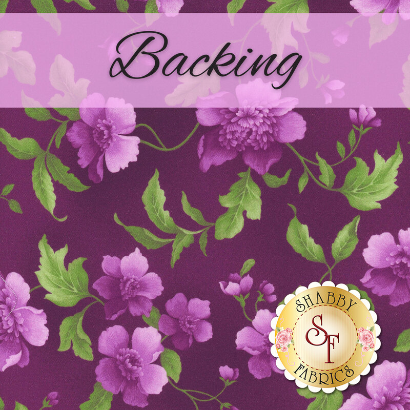 Swatch of a deep purple fabric with tossed purple and magenta florals and long green leaves. A light magenta banner at the top reads 