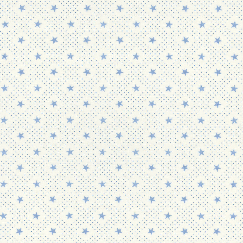 Section of a cream fabric with patterned light blue stars.