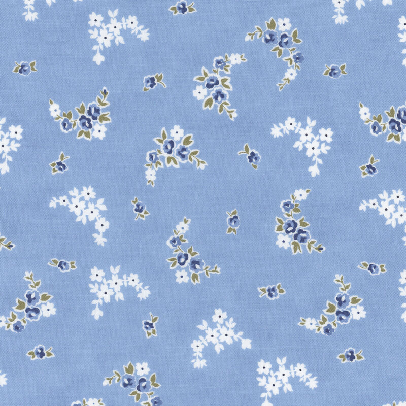 Section of a blue fabric with scattered small blue and white flowers.