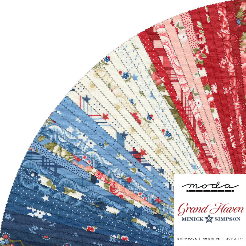 A digital collage of the fabrics included in the Grand Haven Jelly Roll, fanned out on a white background.