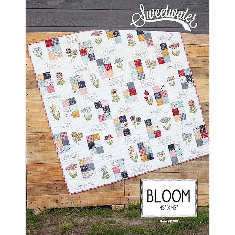 A fabric pattern featuring a bright white springtime quilt, the word 