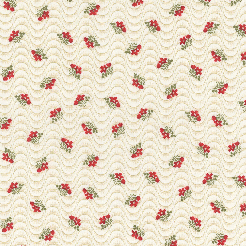 Section of a cream fabric with wavy lines and tossed red ditsy florals