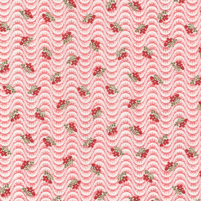 Section of a light pink fabric with red wavy lines and ditsy florals