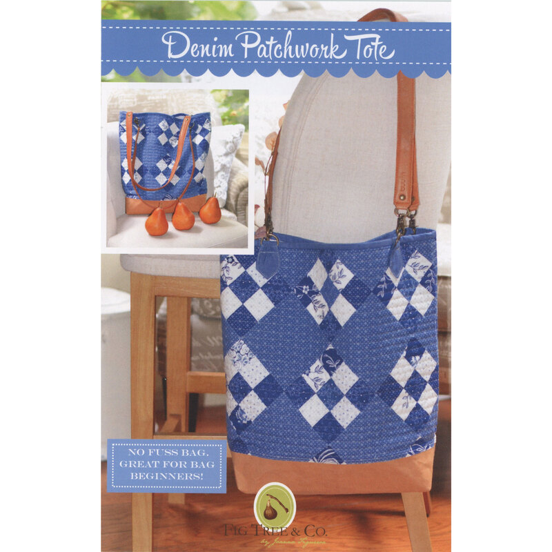 Front of the Denim Patchwork Tote Pattern showing the finished bag