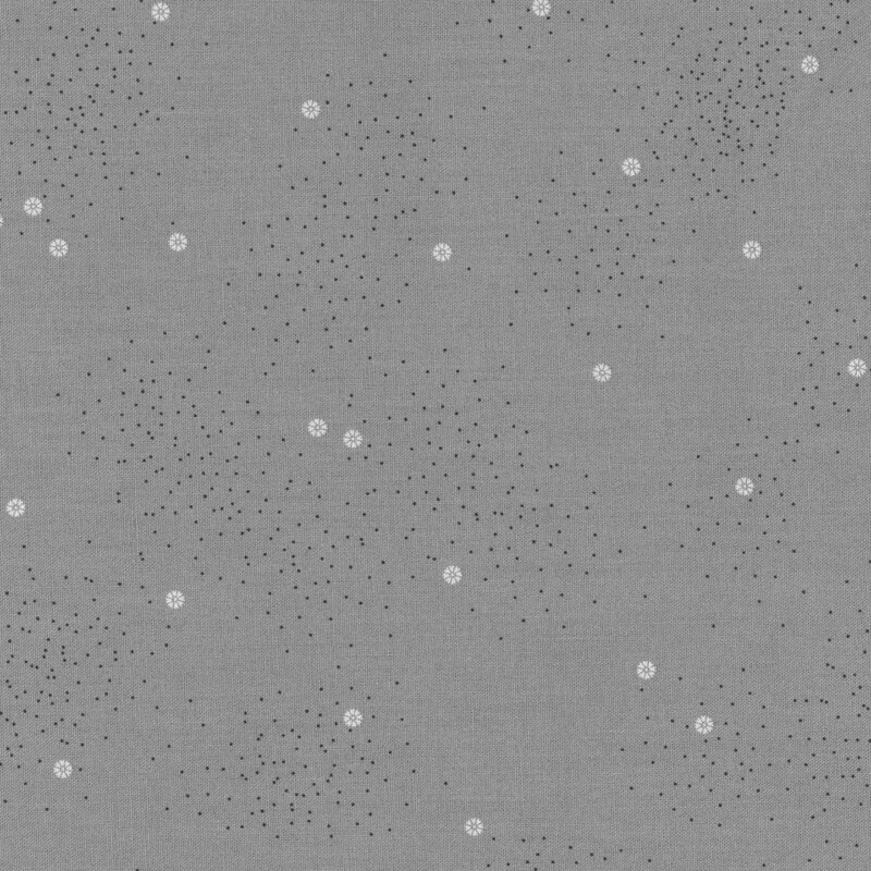 A medium-gray fabric with small white daisies and little white speckles throughout