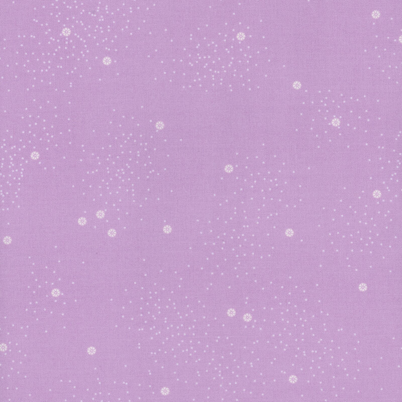 A lilac-purple fabric with small white daisies and little white speckles throughout