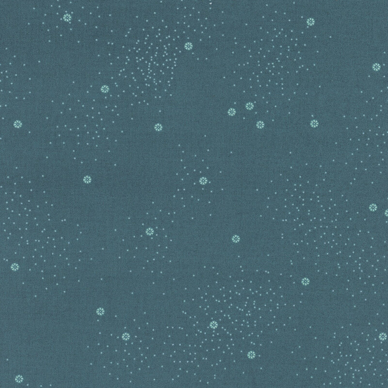 A deep teal fabric with small white daisies and little white speckles throughout