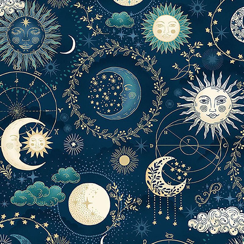 Dark blue fabric featuring a celestial sky covered in moons, suns, stars clouds and otherworldly elements