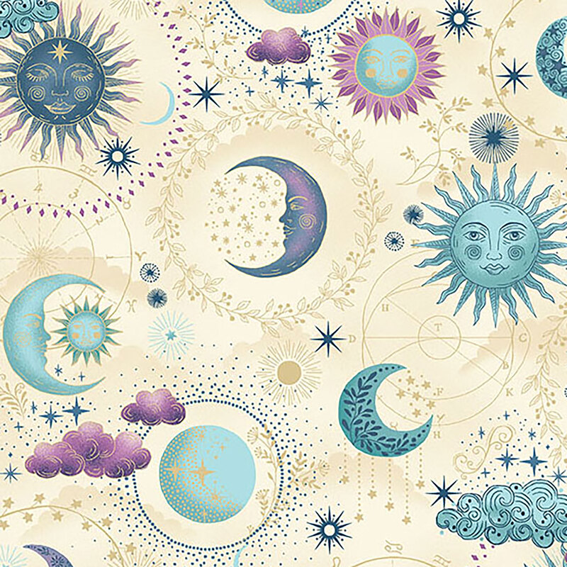 Cream fabric featuring a celestial sky covered in moons, suns, stars, clouds, and otherworldly elements.