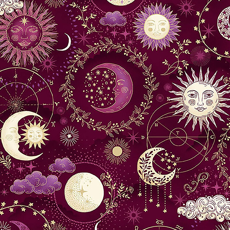 Magenta fabric featuring a celestial sky covered in moons, suns, stars, clouds, and otherworldly elements.