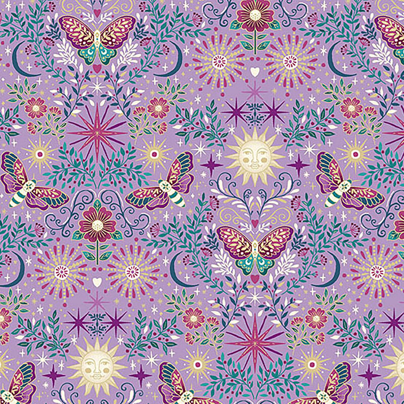 Purple fabric featuring butterflies, stars, suns, moons, and florals