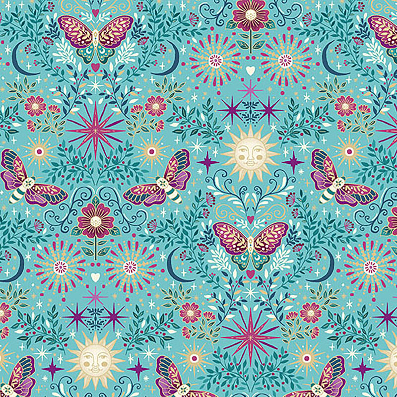 Aqua Blue fabric featuring butterflies, stars, suns, moons, and florals