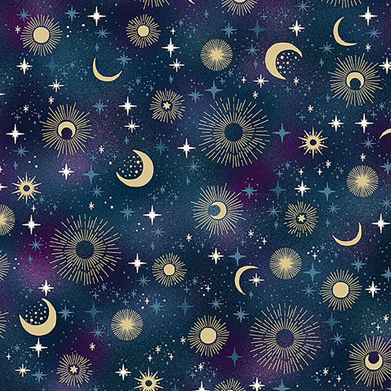 Mottled blue fabric featuring a starry sky filled with stars and moons