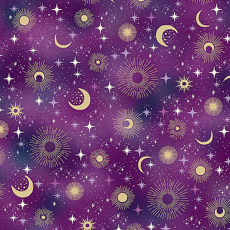 Mottled purple fabric featuring a starry sky filled with stars and moons