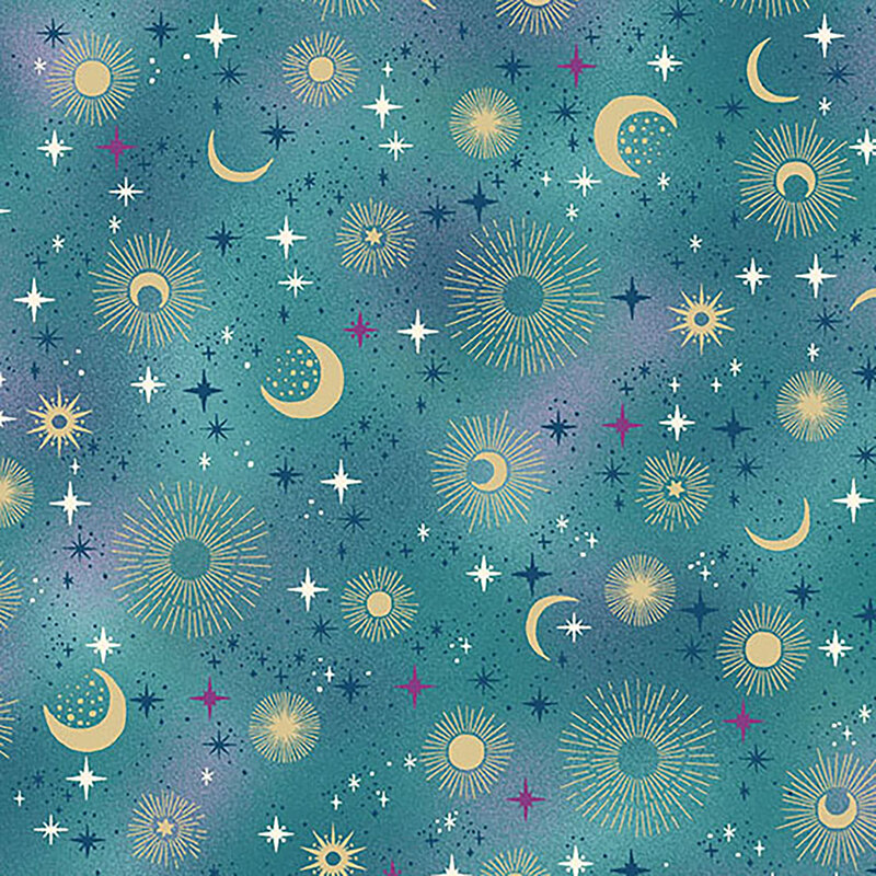 Mottled aqua blue fabric featuring a starry sky filled with stars and moons