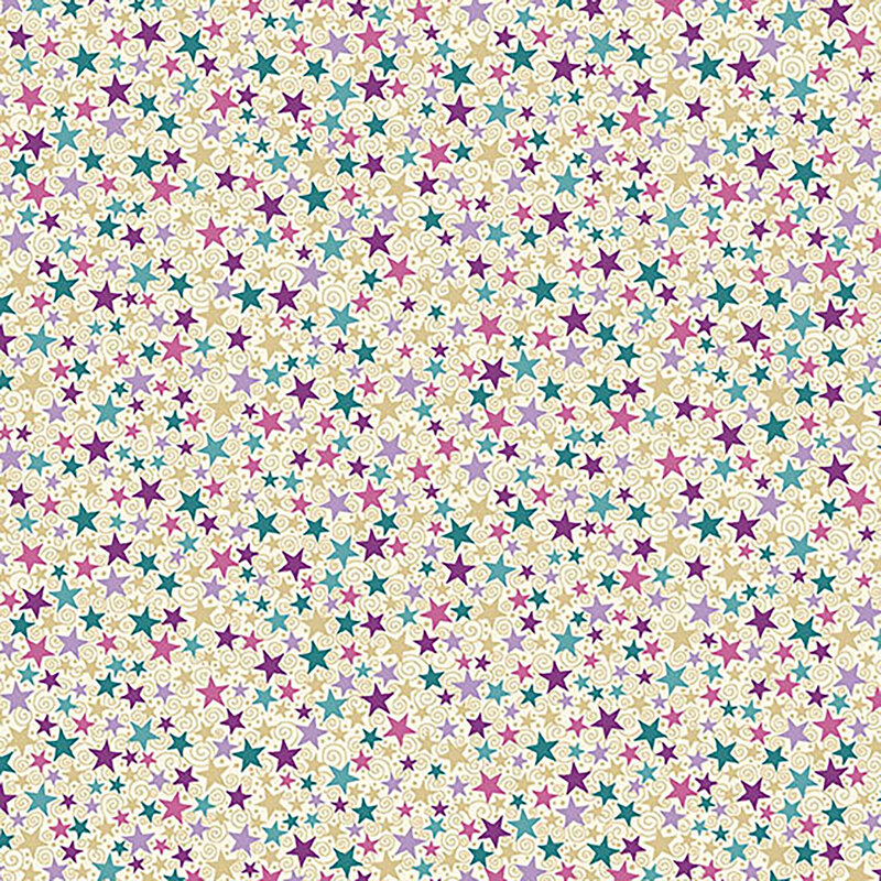 Cream fabric featuring a packed design of small multicolored stars