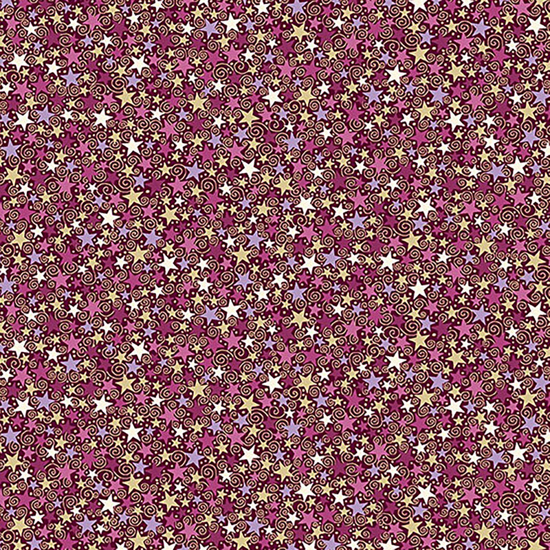 Magenta fabric featuring a packed design of small multicolored stars