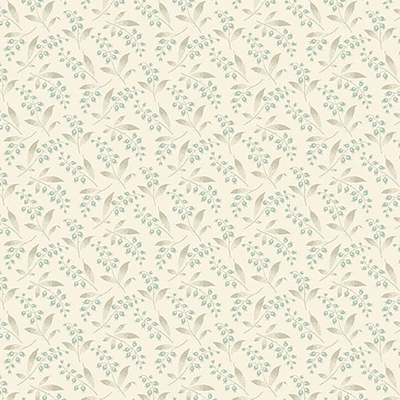 Cream fabric featuring leaves and blue flower buds