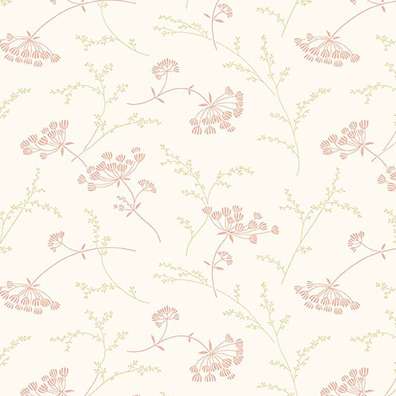 Light cream fabric with small pink tossed florals and tan sprigs