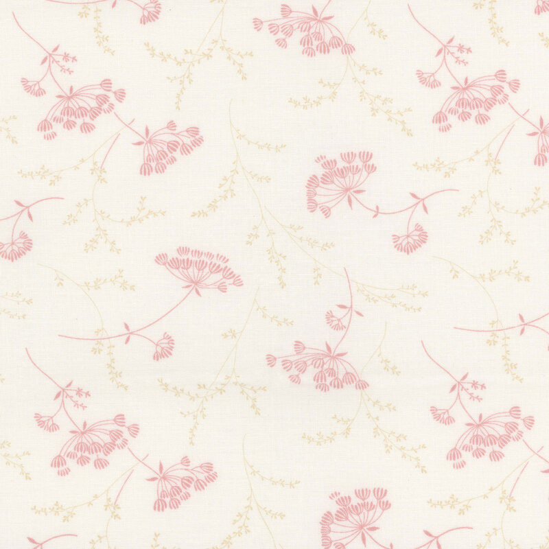 Light cream fabric with small pink tossed florals and tan sprigs