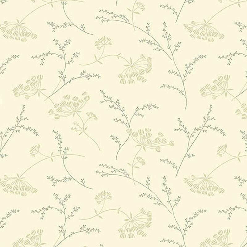 Cream fabric with small light tan tossed florals and teal sprigs